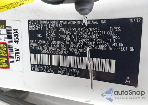 2013 Toyota Sienna Le V6 8 Passenger z USA, uszkodzony, nr VIN 5TDKK3DC3DS308565